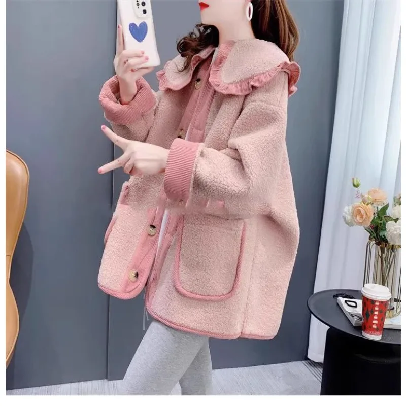 

Solid Color Buttoned Long-sleeved Doll Collar Coat for Women Autumn and Winter Pocket Loose Casual Top