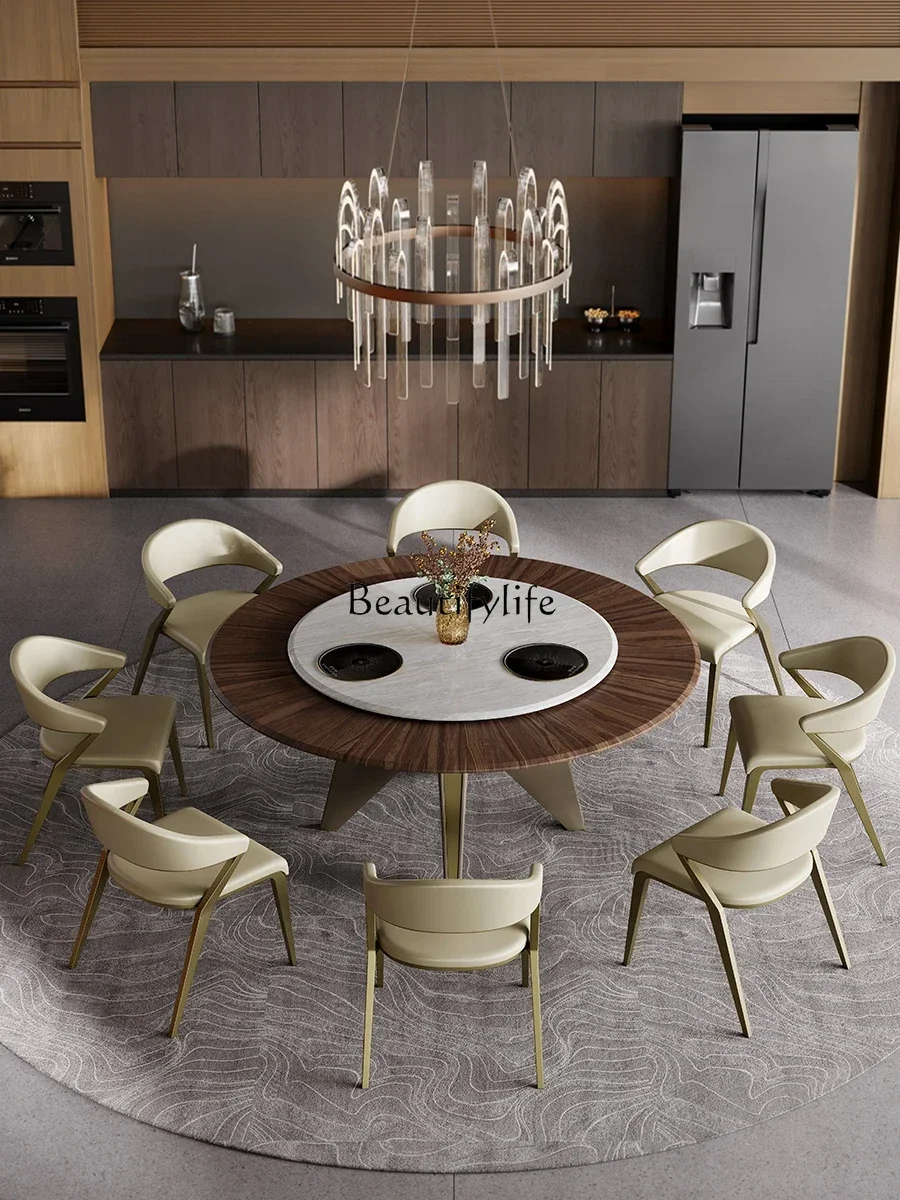 

yj19 Solid wood dining table North American black walnut marble electric turntable induction cooker round dining table