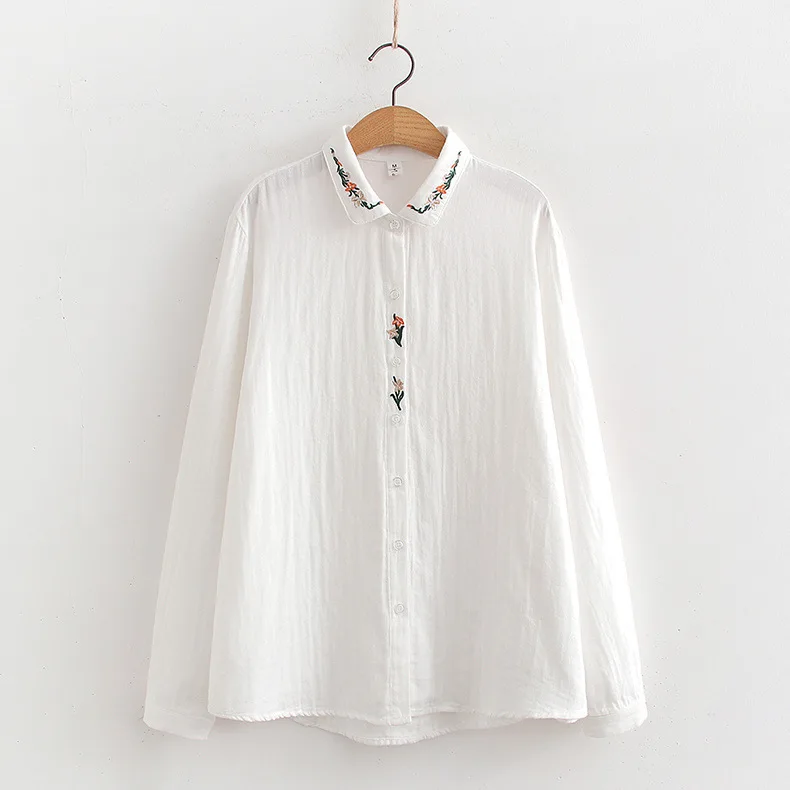 New Spring Cotton Casual Long Sleeve Shirt Women Lapel Embroidery Top Mori Girl Loose Fashion Sweet Blouses 2024 Summer T45855QM