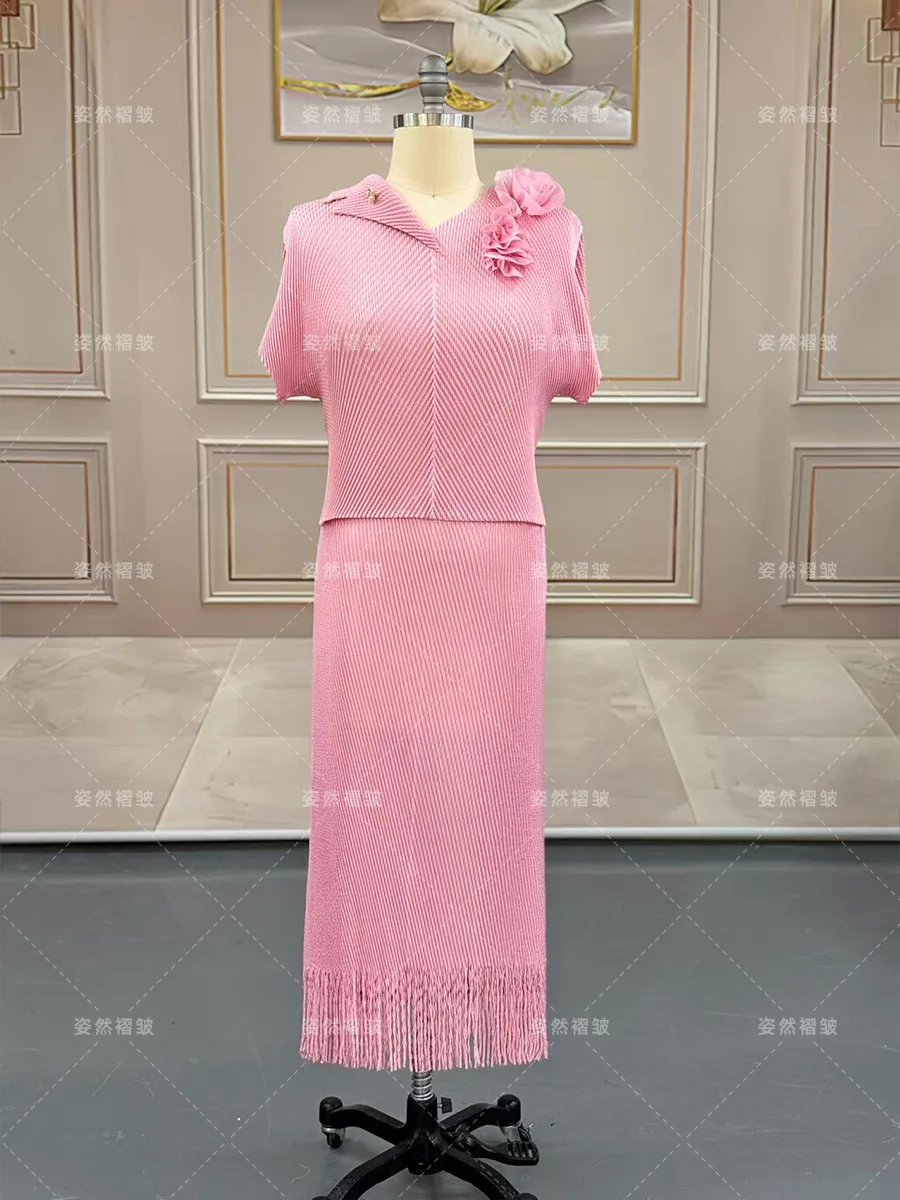 Chic e elegante conjunto de 2 peças feminino miyake plissado topo e saias longas festa de luxo senhora do escritório moda duas roupas femininas 2026