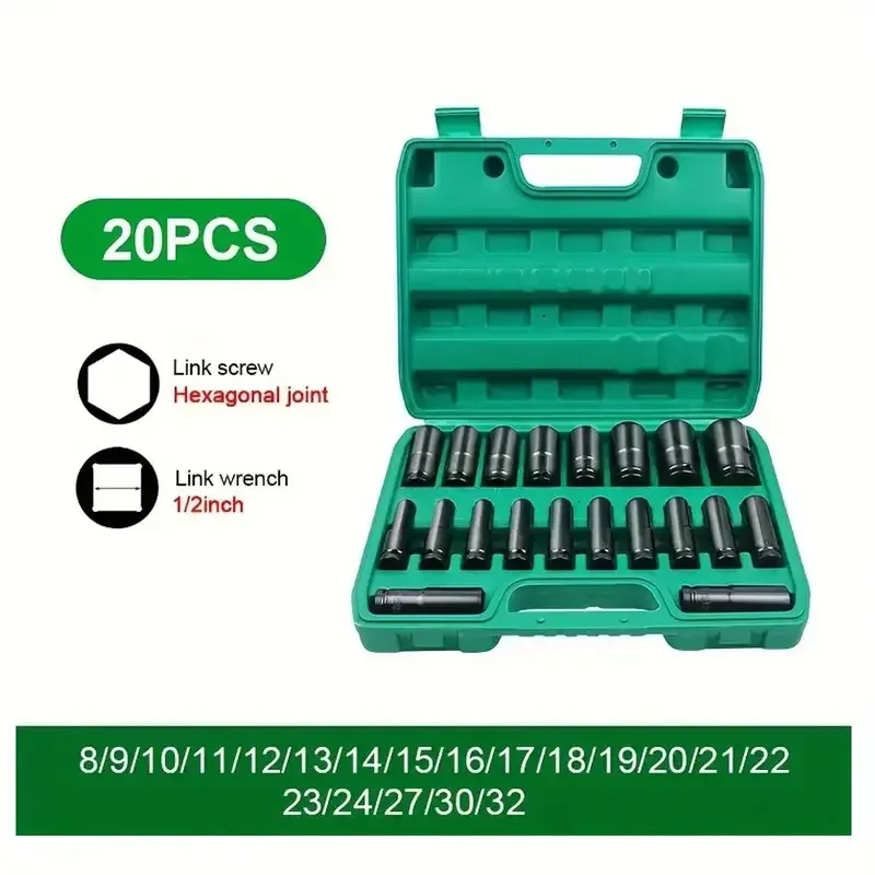 

Набор головок с приводом 1/2 дюйма, 20 шт. метрического размера (8–32 мм), наборы ударных головок, 6-точечные глубокие розетки с каркасом для хранения, сталь CR-V