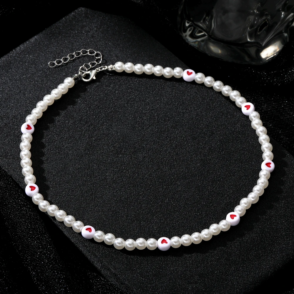 IPARAM Y2K Artificial Pearls Beads Necklace for Women Girls Red Heart Pendant Cute Love Vintage Choker Necklaces Fashion Jewelry