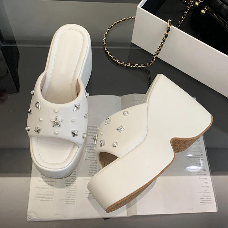 Liyke High Quality Cozy Soft Leather Wedges Heels Platform Slipper Women Fashion Metal Rivets Designer Sandal Female Party Shoes