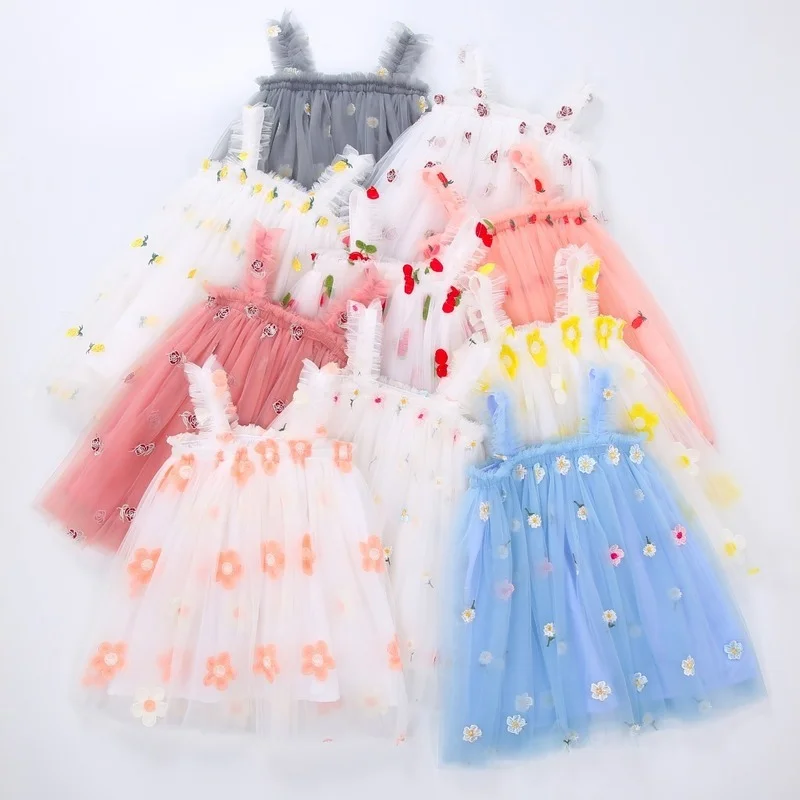 Girls Summer Dress Cute Strap Tulle Baby Girl Dress Embroidery Birthday Girl Party Princess Dresses Toddler Girl Clothes CL805