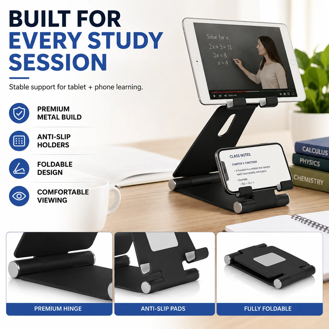 2-in-1 Double Layer Foldable Aluminum Phone & Tablet Stand, Adjustable Desktop Holder for iPad, iPhone, Android.