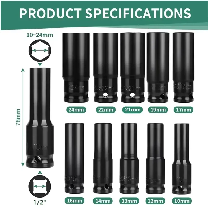 10pcs Impact Socket Set 1/2” Metric Spanner Deep Sockets 10-24mm Pneumatic Wrench Head Tire Removal Tools