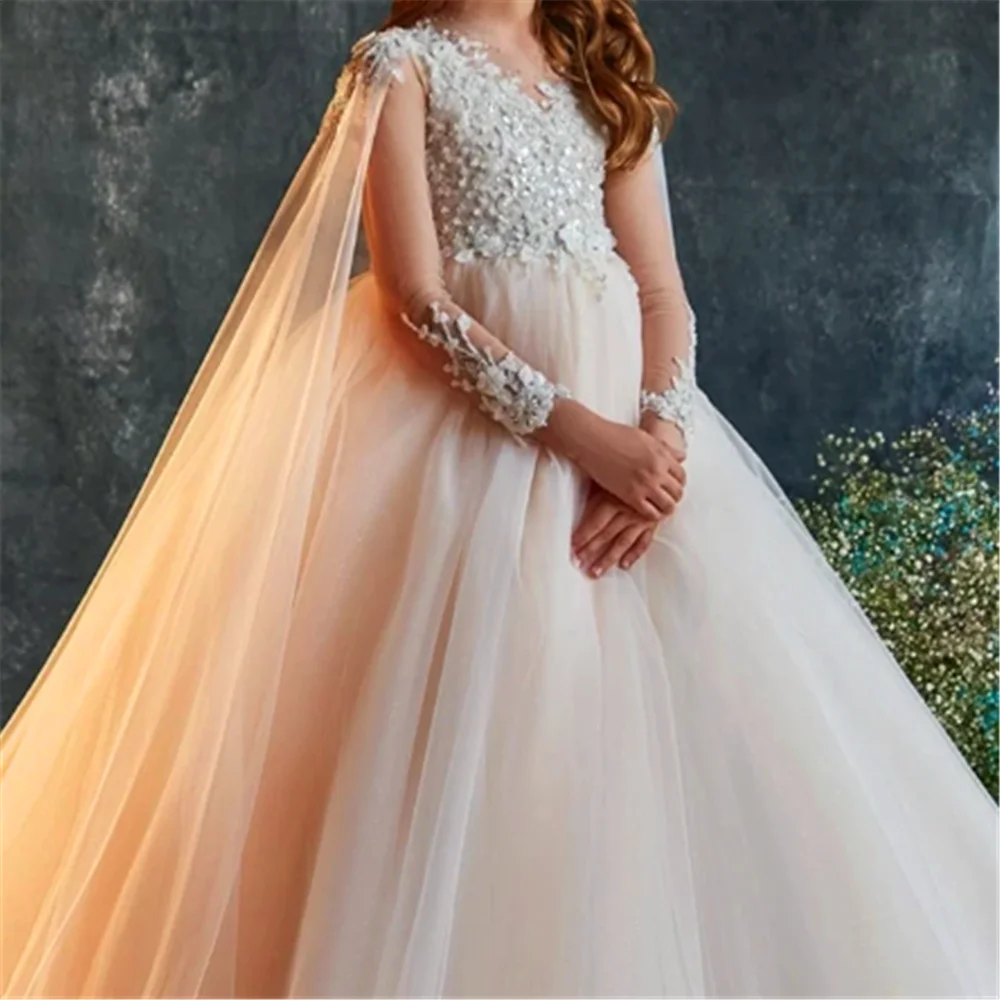 First Communion Dresses Long-sleeved Lace Flash Printing Tail Princess Flower Girl Dress Wedding Party Ball Dream Birthday Gift