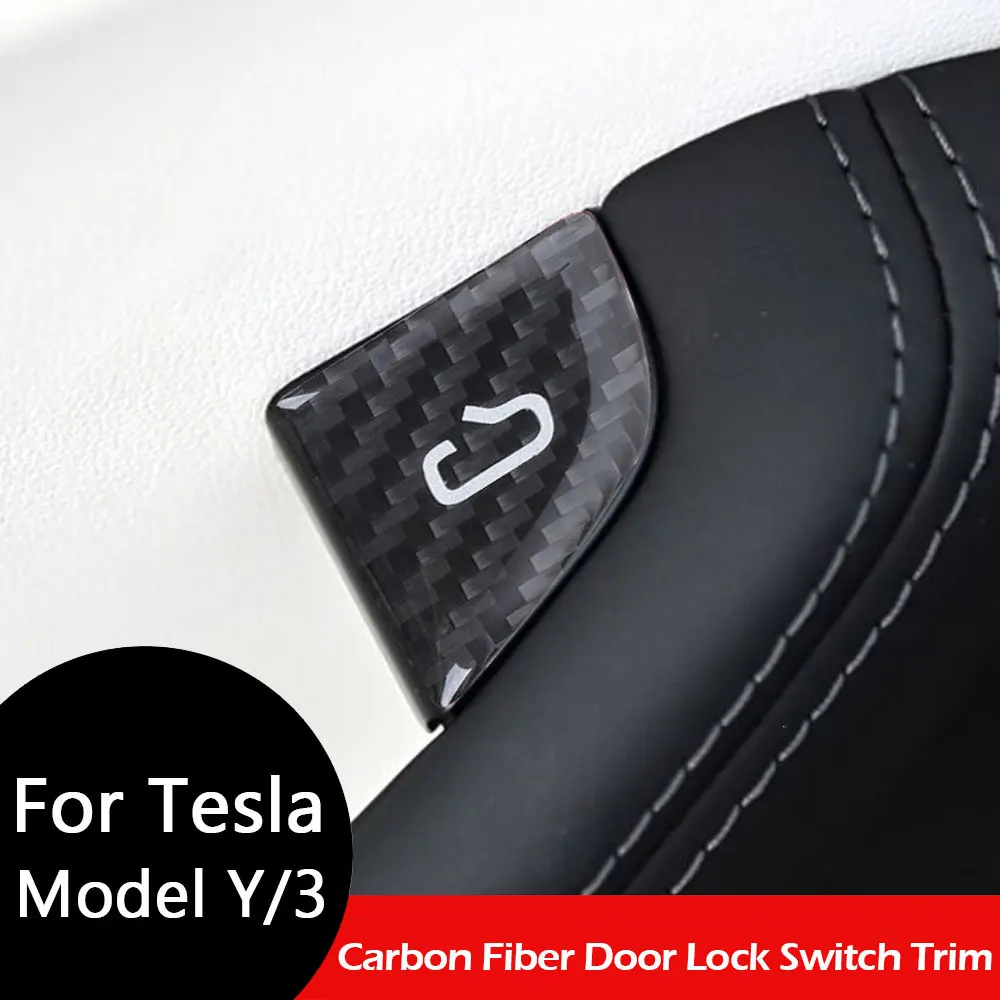 ملصق زر فتح الباب متوافق مع طراز تسلا 3 هايلاند موديل Y Juniper 2025 من ألياف الكربون مفتاح قفل الباب الداخلي
