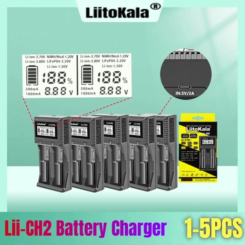 

1-5pcsLiitoKala Lii-CH2 LCD Smart Battery Charger For 1.5V Li-ion NiCd NiMH AA AAA 10440 14500 LiFePO4 Rechargeable Battery