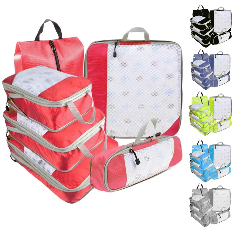 

6PCS Portable Packing Cubes Luggage Organizer Travel Compressible Storage Bag Set Shoe Bag Mesh Visual Lightweight Suitcase Bag