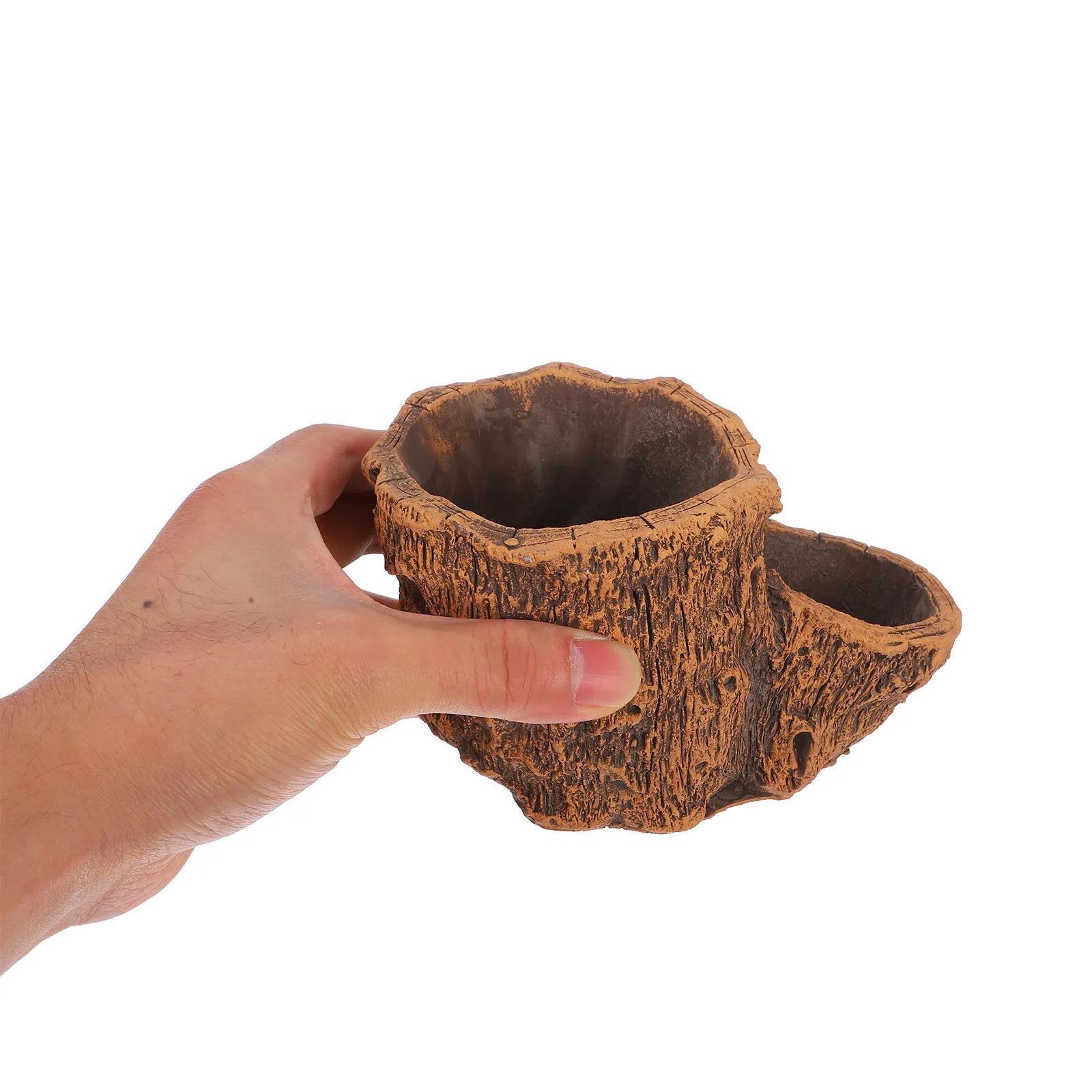 Artificial Driftwood Planter Vintage Concrete Cement Flower Pot Rustic Stump Cactus Container for Small Succulent Indoor Garden