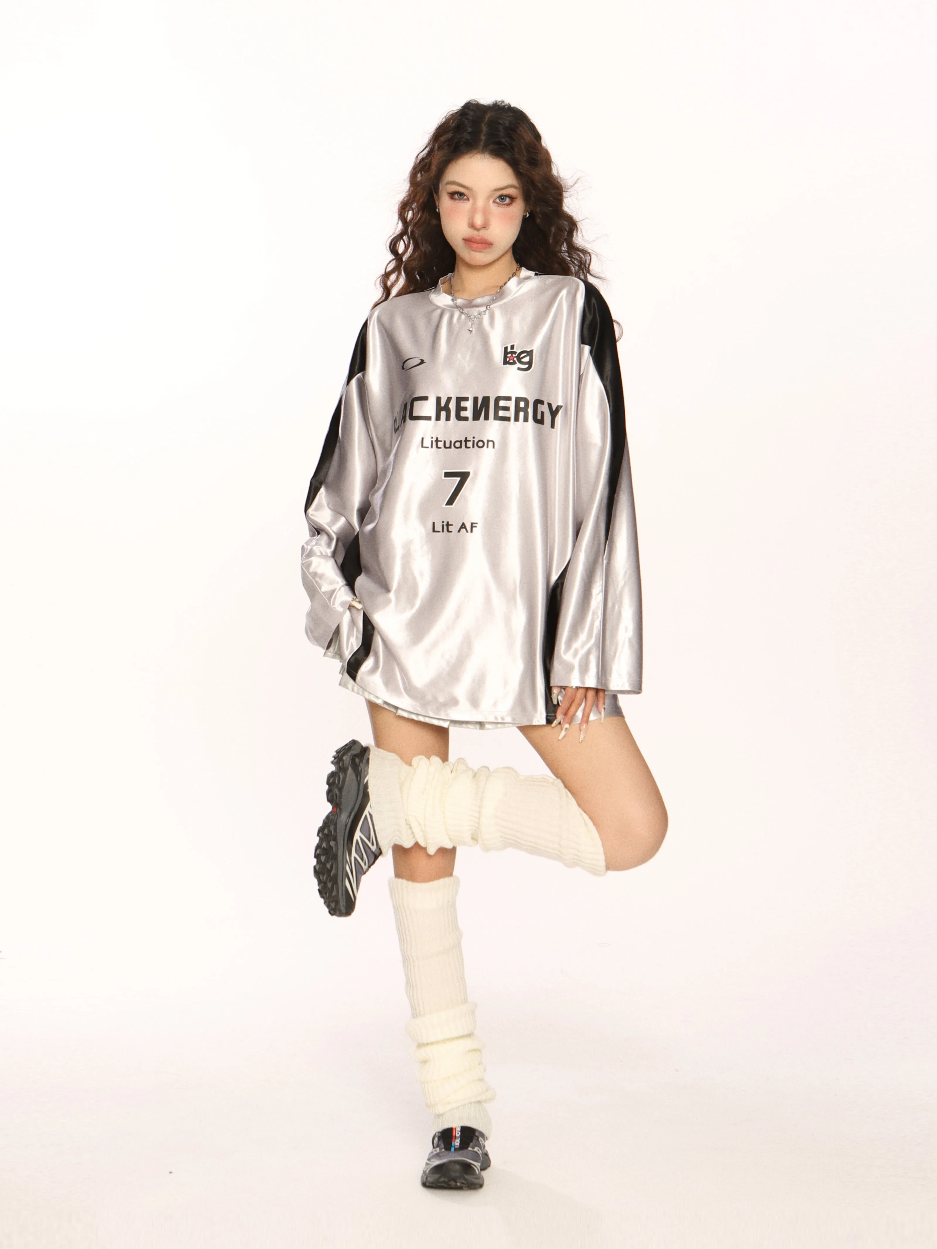 High Quality Hot Selling Wholesale Silver Jerseys Long Sleeved T-shirts Sports Color Blocking Shoulder Tops Couple's Outfits Y2k
