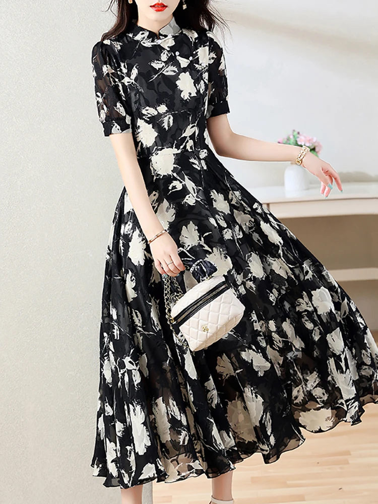 Imagem -04 - Vestido Maxi Floral Preto de Chiffon Feminino Bodycon Casual Coreano Vintage Elegante Festa Luxo Noite Midi Verão 2023