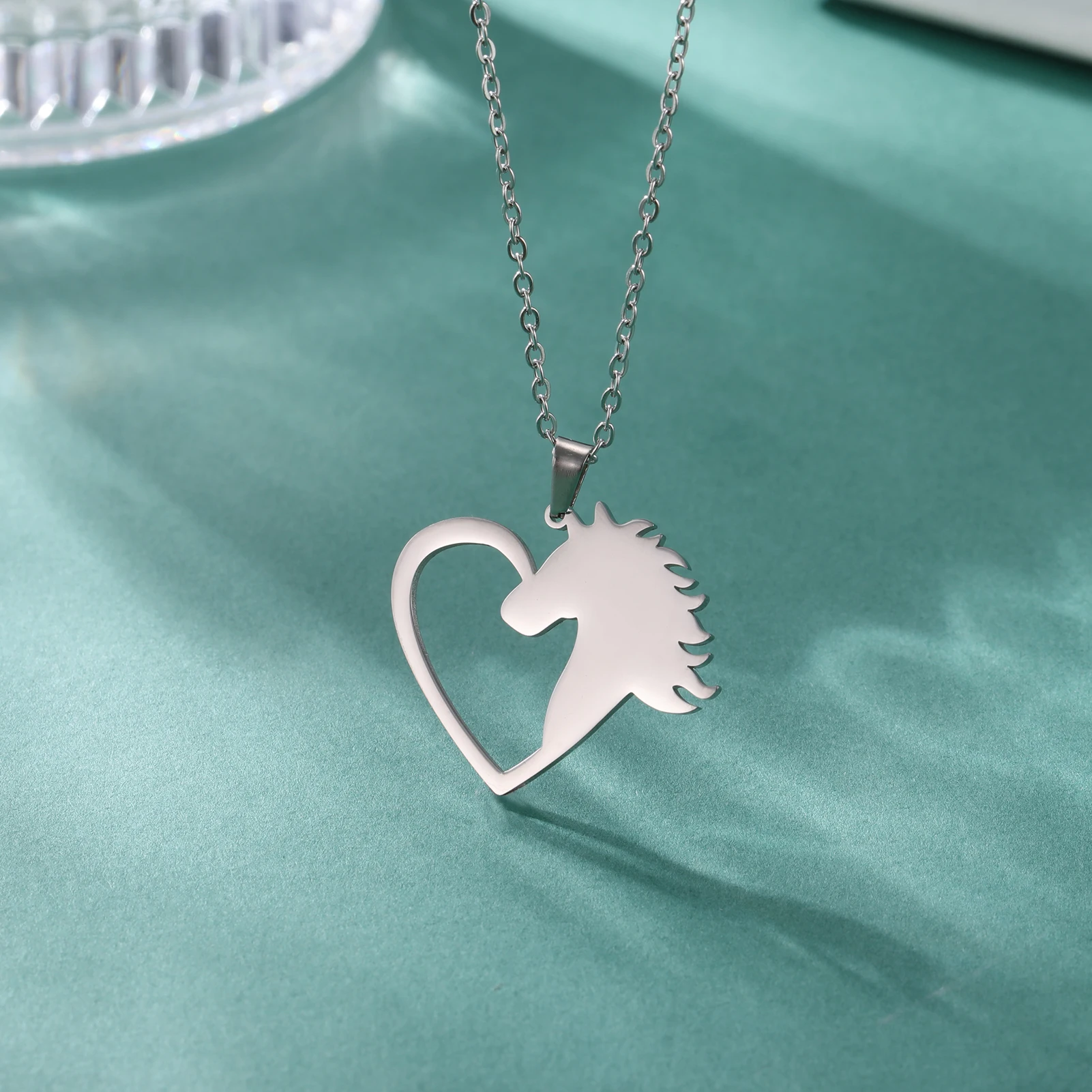 Fishhook Heart Horse Necklace for Woman Men Kid Child Unicorn Animal Supernatural Pendant Chain Stainless Steel Jewelry Gift