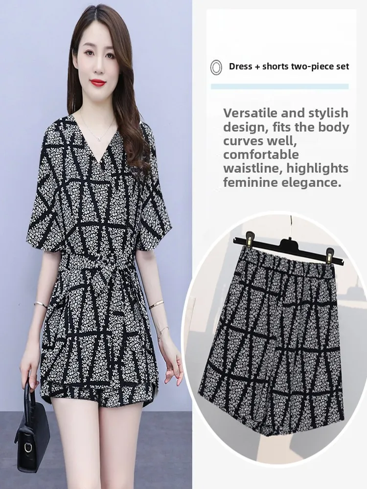 

Fashionable plus Size Women's Summer Outfit Short Sleeve V-Neck Slimming Dress And Shorts Set Charming Midi Skirt And Top Set