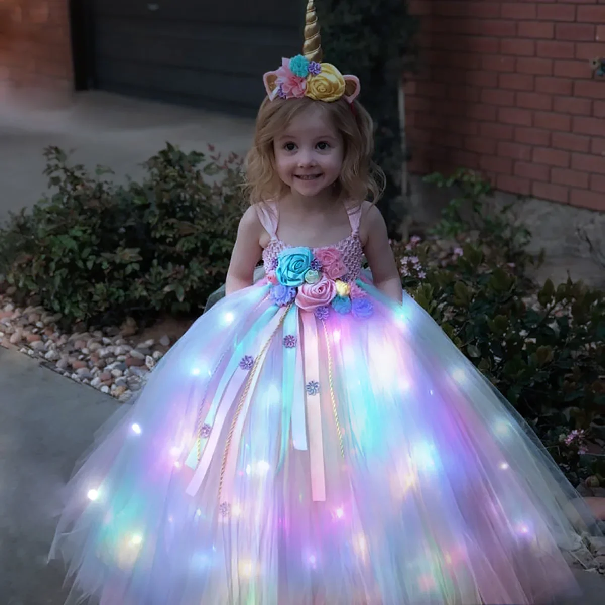 الفتيات طويلة LED يونيكورن توتو فستان الفتيات فستان الركبة الاطفال حفلة عيد ميلاد الأميرة زي لجميع القديسين عيد الميلاد الكرة ثوب فساتين SS0 #2