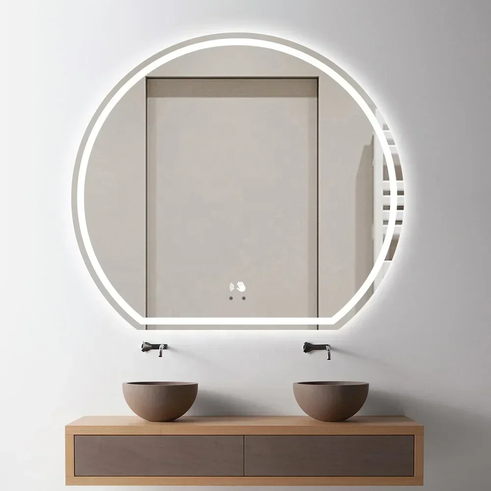 Irregular Polished Silver Bathroom Mirror Front Light And Backlit Hotel Vanity Mirror Water Proof Customized LED Mirror