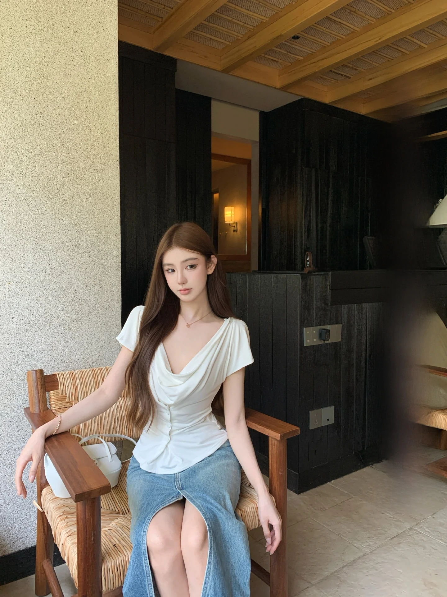 

OKMASHOP Smart Korean Women's Short Sleeve Shoulder Bared T-Shirt Summer Elegance Pure Desire Sexy Neck Hanging Waist Inward Top