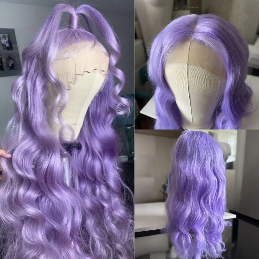 Lavender Purple Long Body Wave Synthetic Wigs 13×4 Hd Lace Frontal Glueless Wig Heat-resistant wig For Women Cosplay 30 32  Inch