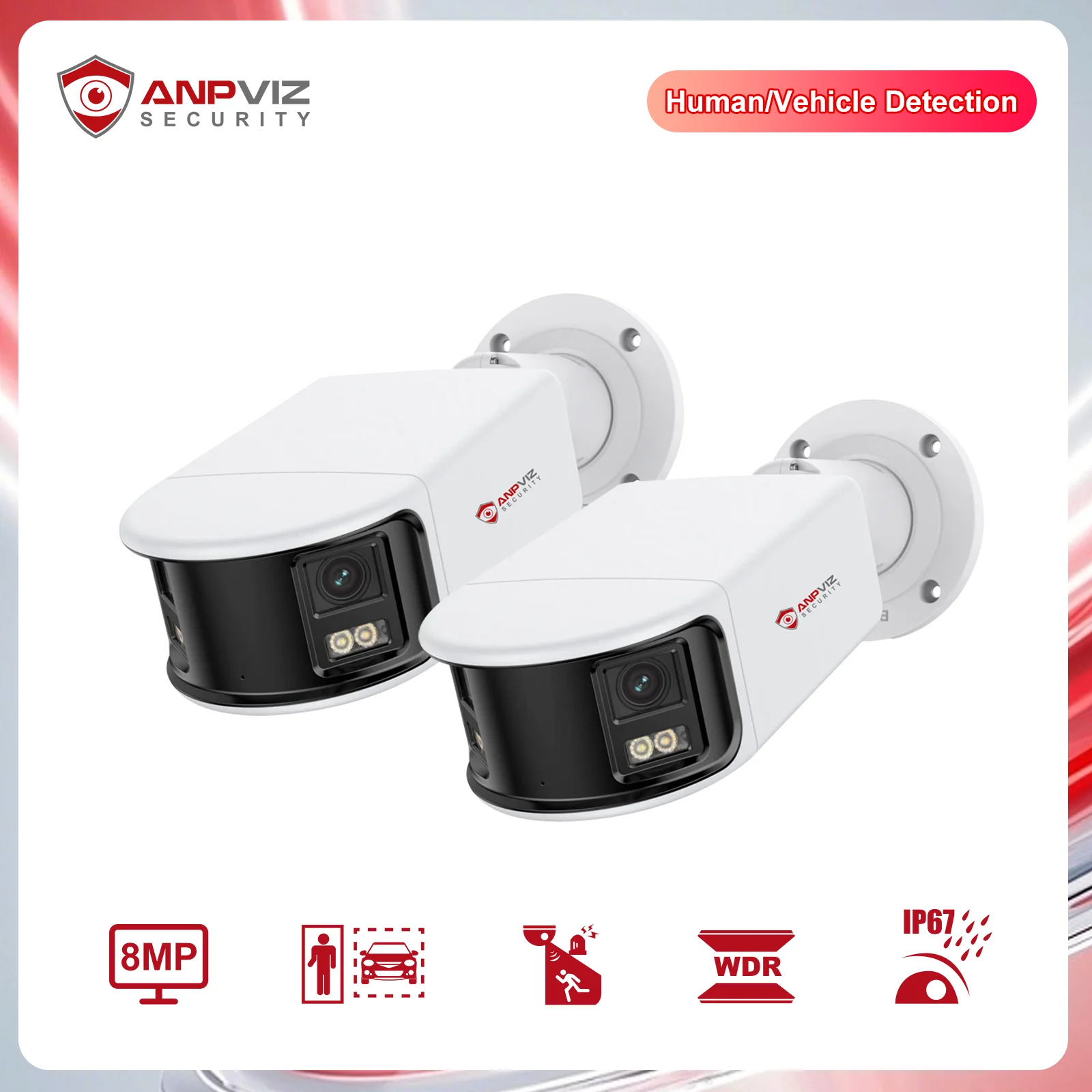 Anpviz 8MP Dual Lens POE Camera 2PCS Ultra Wide Angel 180° Panoramic Camera Real Time 2-Way Audio Human Vehicle Detection IP67