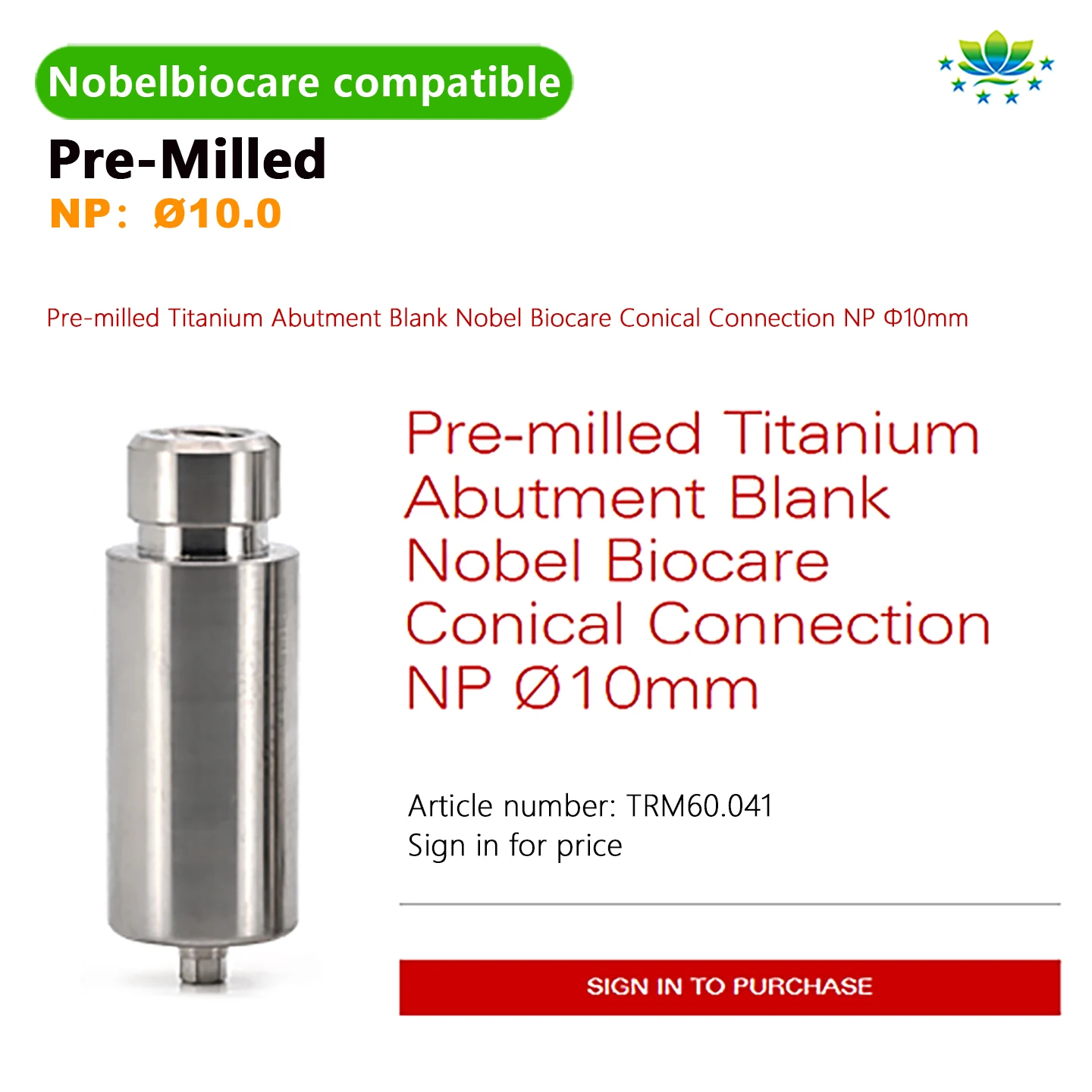 Nobel Biocare Compatible Pre Milled Titanium Blank Ti-6Al-4V Grade 5 ELI for Custom Implant Abutment CAD/CAM Milling Dental Lab