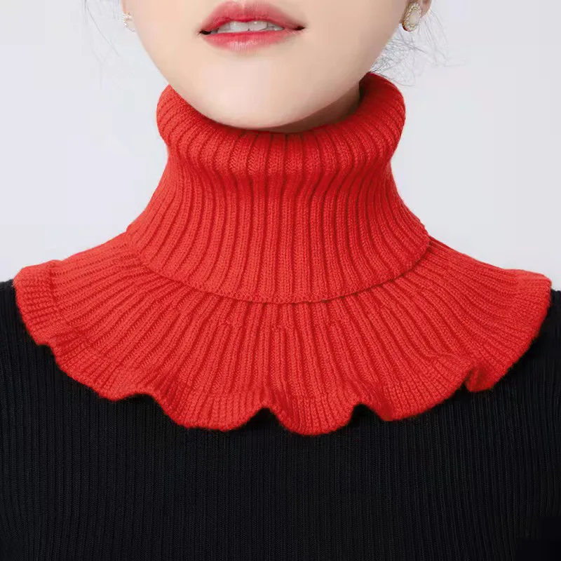 New Winter Knitted Warm Neckerchief For Women Solid Color Ruffle Scarf Soft Outdoor Knitting Warmer Neck Collar Pullover Scarves