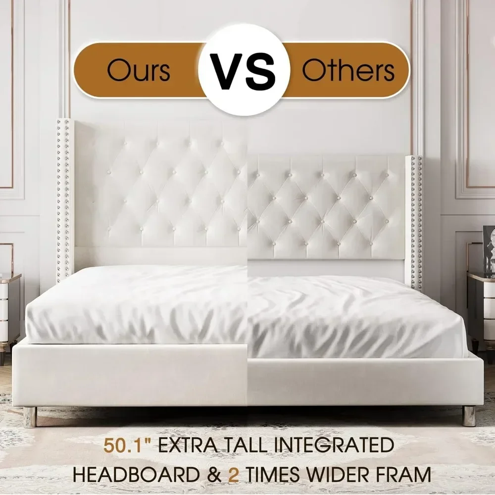 Bed Frame Upholstered Bed Velvet Low Profile Platform No Box Spring Needed/Easy Assembly Bed with Raised Wingback Headboard