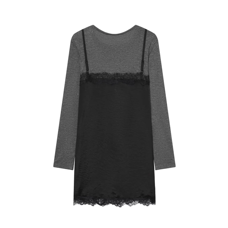 طقم فستان نسائي مكون من قطعتين مزين بالدانتيل - فستان قصير بأكمام طويلة للأزياء عبر الحدود