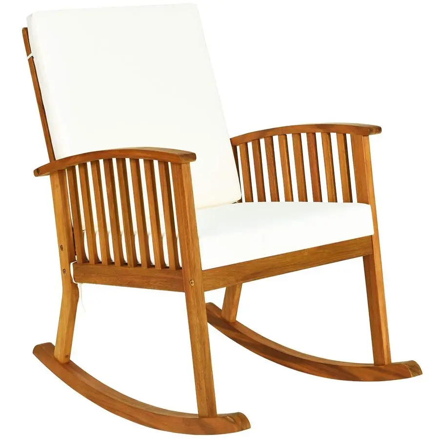 Silla Mecedora de Madera de Acacia para Exteriores, Silla Mecedora de Madera con Cojines Lavables Desmontables, Silla Mecedora para Porche, Jardín, Patio, Balcón, Piscina, Interior