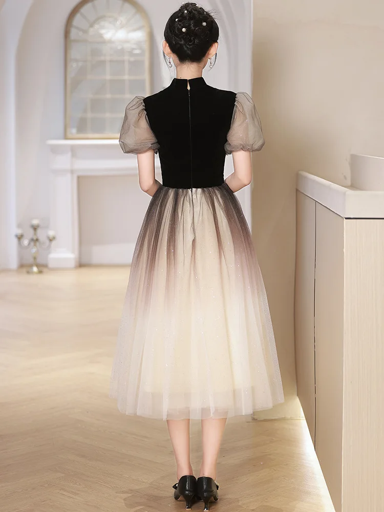 Gradient Black Tulle Prom Dress Light Luxury Tulle Pearl Beads Quinceanera Dresses Tea Length A-Line Cocktail Party Gown