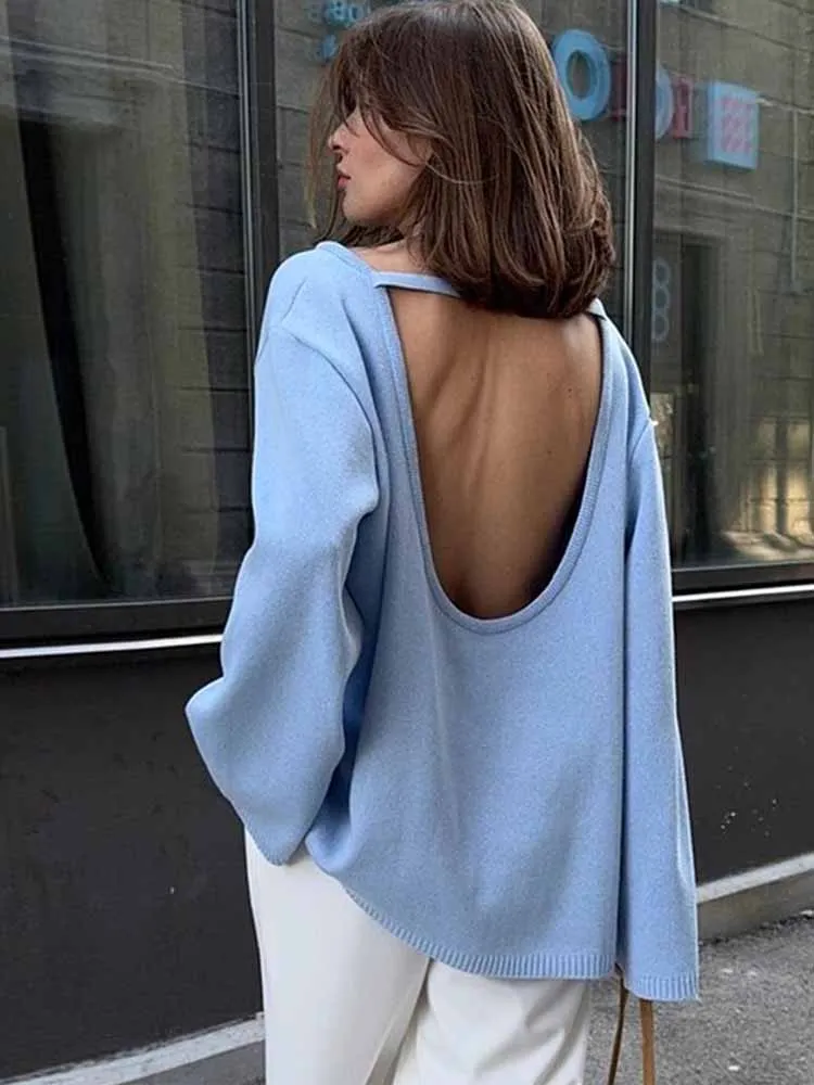 

BKQU сексуальный вязаный свитер с открытой спиной, женский элегантный однотонный свободный пуловер с длинными рукавами, джемпер, осень-зима, ленивая новая уличная одежда 2025