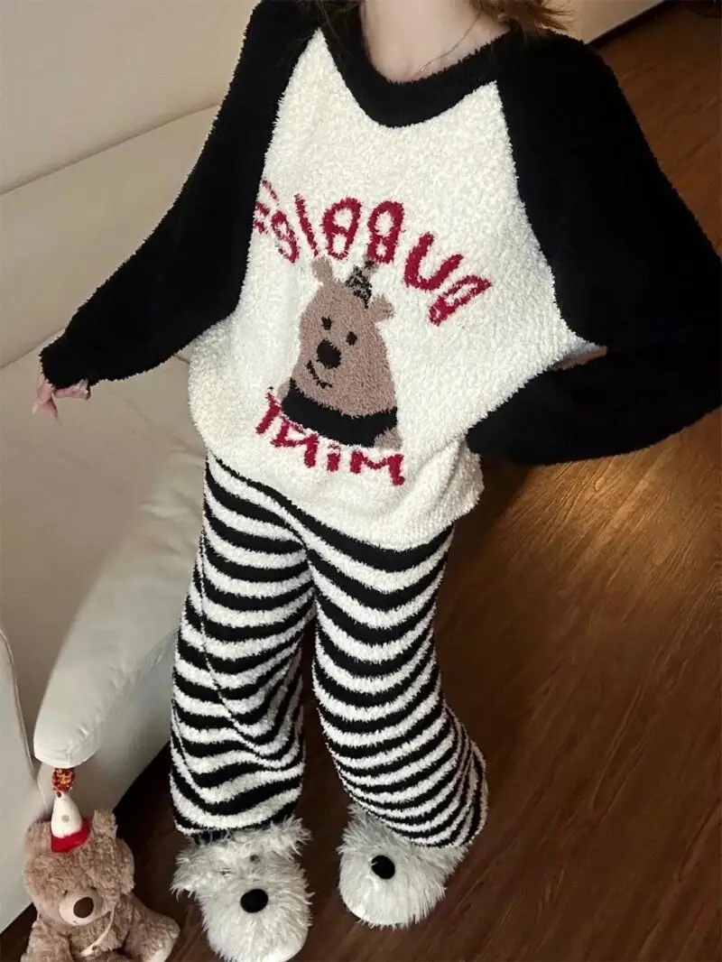 

coral fleece pajamas Women's winter Japanese style stripe premium feel color blocking keep warm leisure girl homewear suit