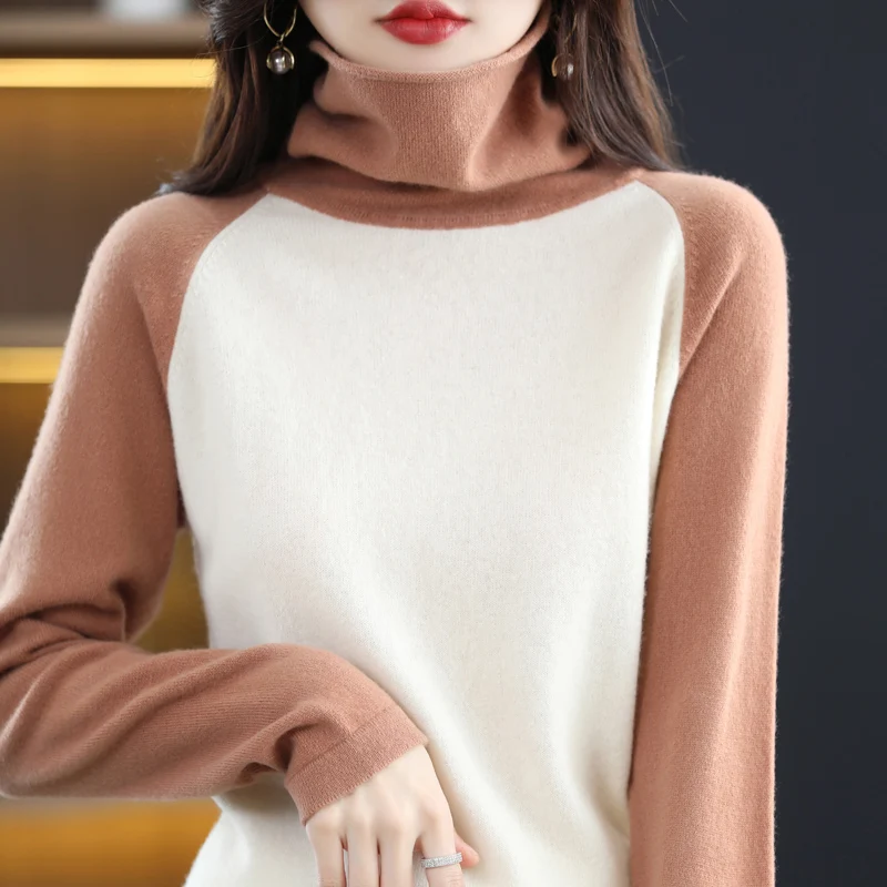 

Women's casual wool pullover color matching pile collar long sleeve sweater soft breathable women's turtleneck jacket autumn 22