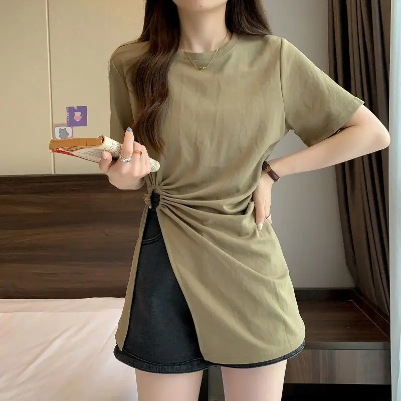 T-shirts Women Side-slit Design Sexy Folds Pure Simple All-match Loose Daily Korean Style Female Casual Summer Long Clothes New