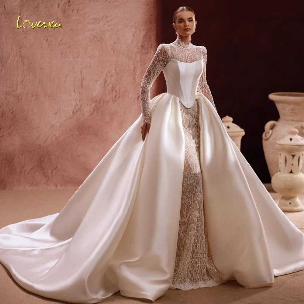 

Свадебное платье Loverxu «Русалка» с высоким воротом и длинными рукавами, кружевное, расшитое бисером, из атласа, 2 в 1, на заказ