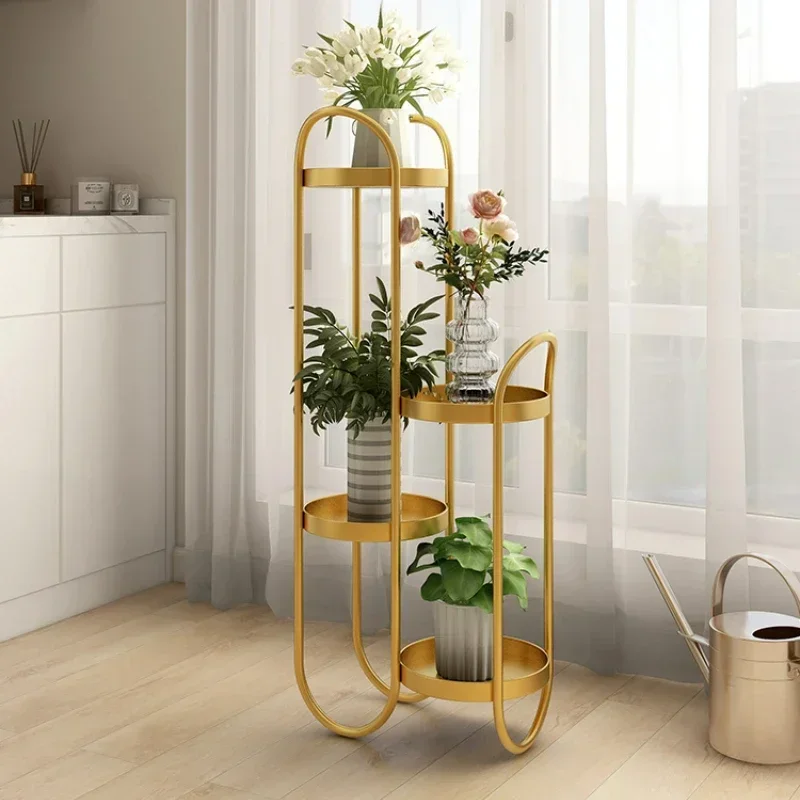 Soporte de flores Nano dorado color crema, estante de plantas de hierro multicapa, soporte elegante para plantas de interior, estante creativo para