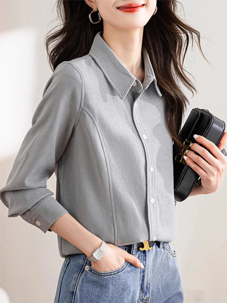 

Women's Thickened Fleece Shirt Grey Blue Autumn Winter New Style Early Spring Slimming Office Wear Top Layered Inner Wear Bas...