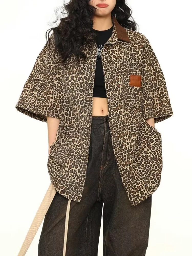 New Classic Single Breasted Loose Casual Women Shirts American Street Leopard Print Simple Fashion Contrast Color Female Shirts