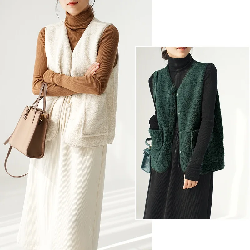 

Ladies' Lamb Fur V-Ne Open Cardigan Vest Thiened Outerwear Warm Coat oulder Pad Autumn Winter Upper Apparel