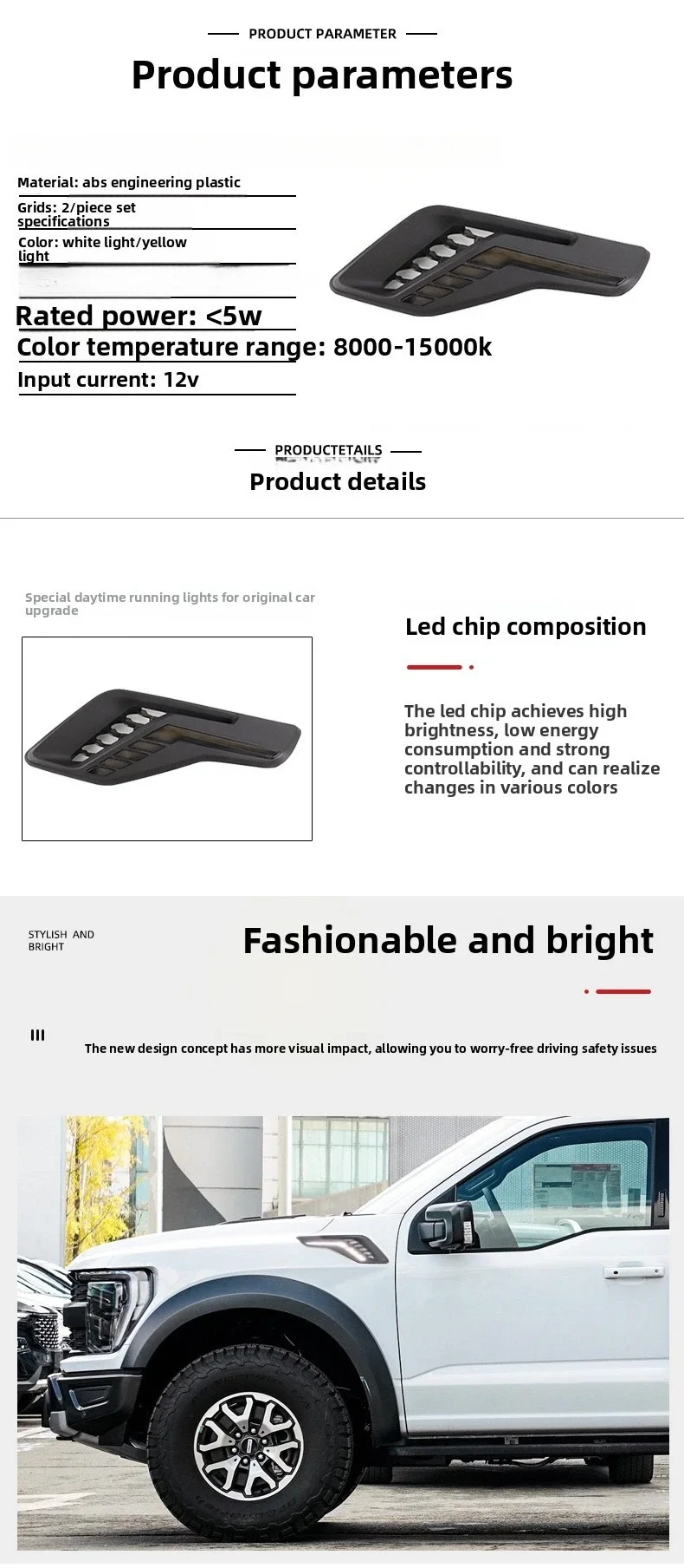 Car Wheel Eyebrow Light Led Front Fender Light DRL Daytime Running Lamp Dynamic Turn Signal For Ford Raptor F150 F-150 2022-2024 detail image 3