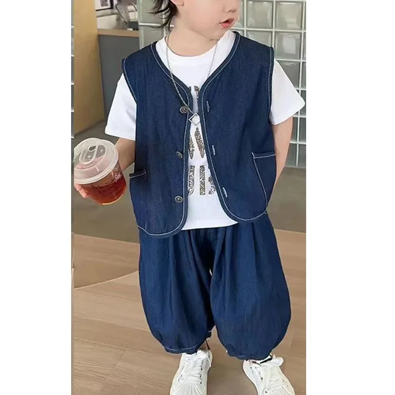 

2025 Summer New Boys Solid Color Spliced Pockets Button Sleeveless Fashion Trendy Loose All-match Casual Cowboy Vest Set