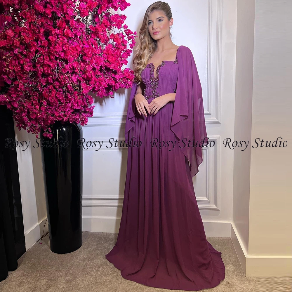 Vestidos longos e elegantes para a mãe da noiva com mangas, plus size, vestido roxo do convidado do casamento, vestido frisado para a madrinha