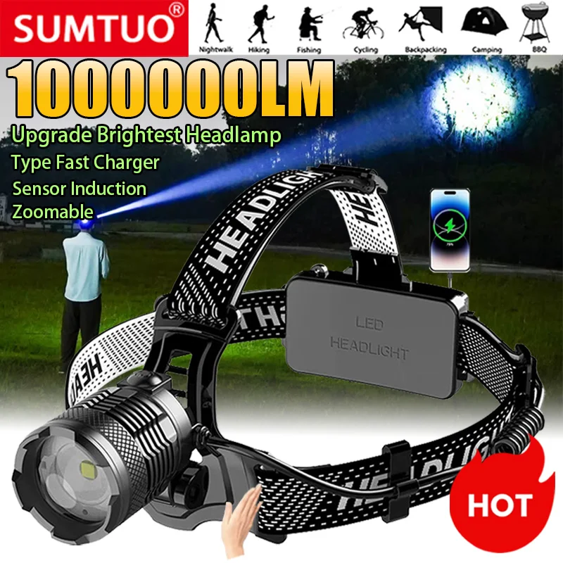 2024 Ultra Powerful LED Headlamp Super Bright Long Range Head Flashlight USB Rechargeable Head Torch Fishing Hunting Head Light