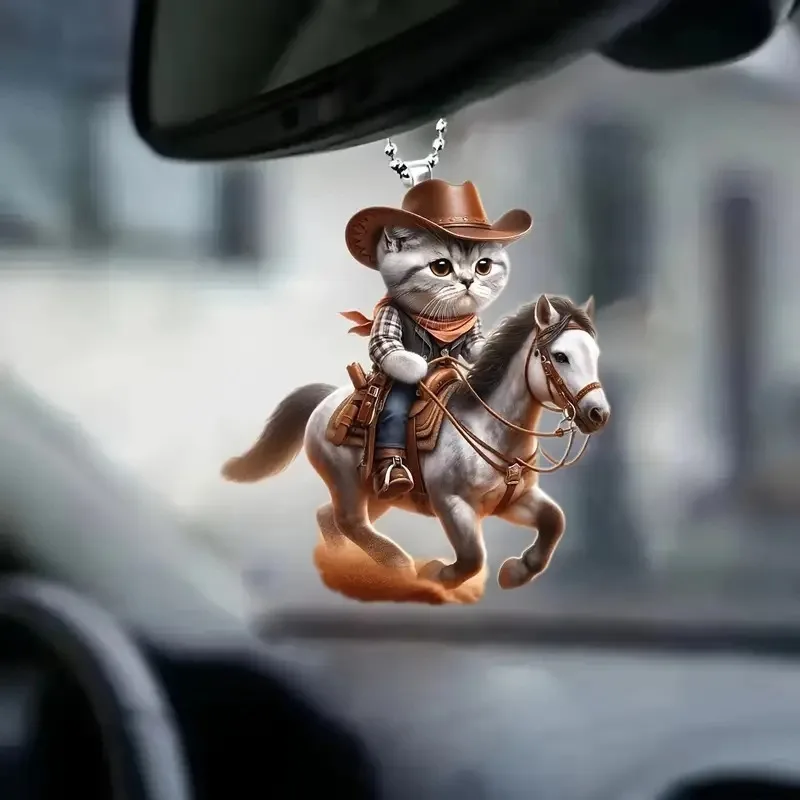 Acrylic Cowboy Cat Car Rear-view Mirror Pendant Automotive Accessories Cute Animal Riding Cat Flat Hanging Decorations