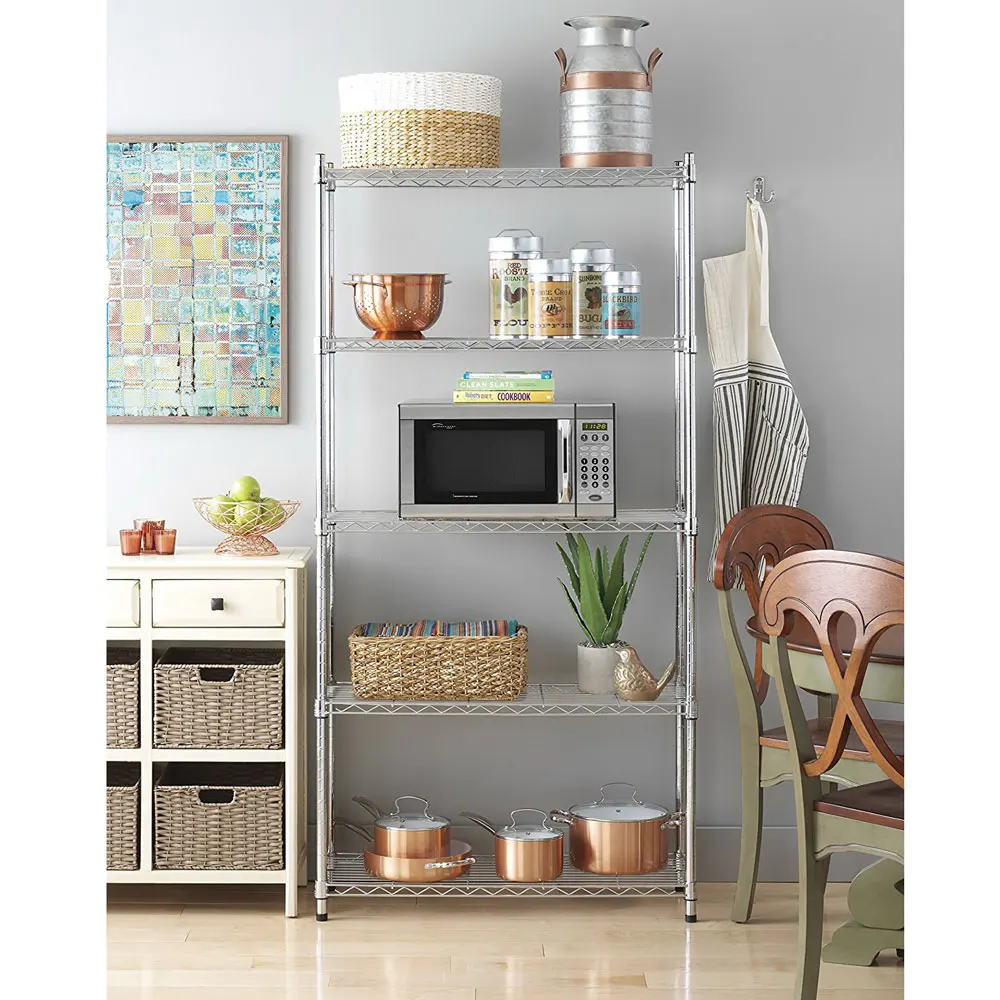 5‑Tier Storage Shelves Silver Metal Wire Storage Storage Cabinet Living Room Furniture for Kitchen Warehouse Cookware Small Appliance Household Supplies Organizer