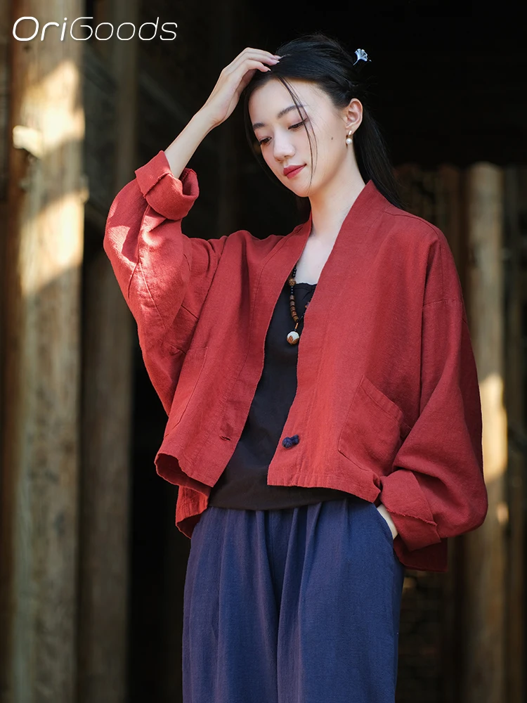 OriGoods 2024 Spring New Coat Women Chinese style Designer style Short Coats Ramie Japan Kimono Niche Style Shirt Tops C015