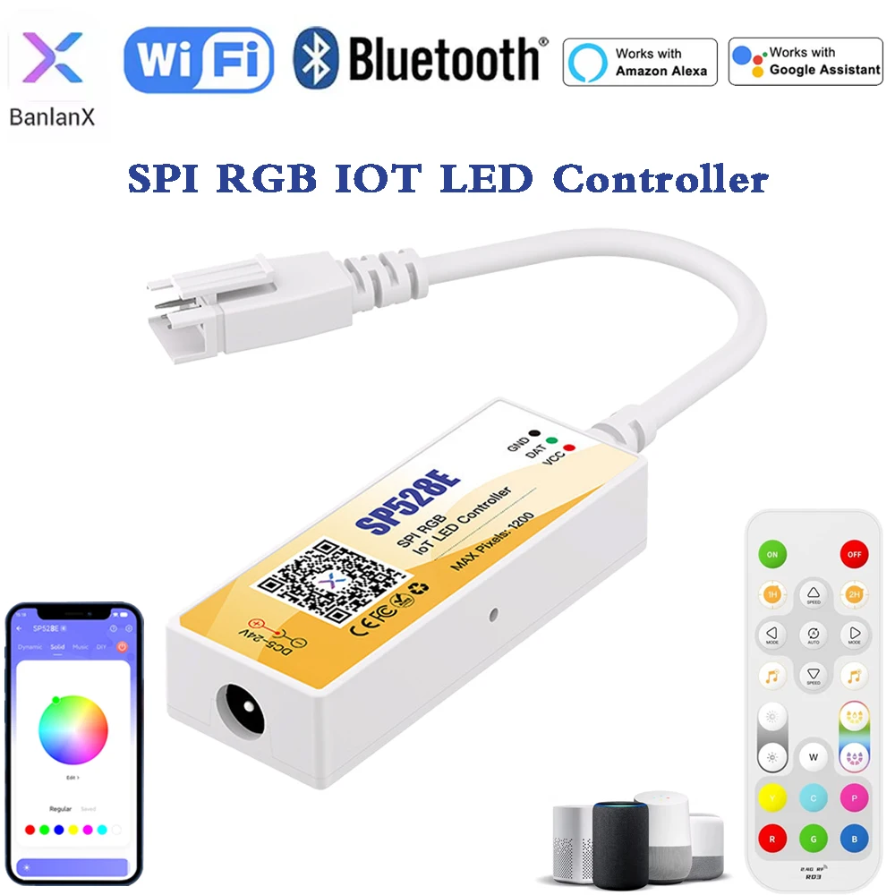 

WiFi+Bluetooth SPI RGB LED Controller Dimmer DC5-24V WS2811 W2812b LED Strip Light DIY Mode RF Remote BalanX APP Alexa Google