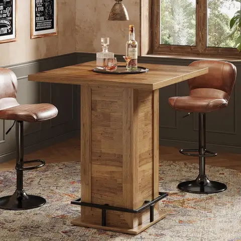 39.4" H Square Bar Table, Industrial High Top Bistro Pub Cocktail Table with Metal Footrest for Kitchen Nook, Home, Customized
