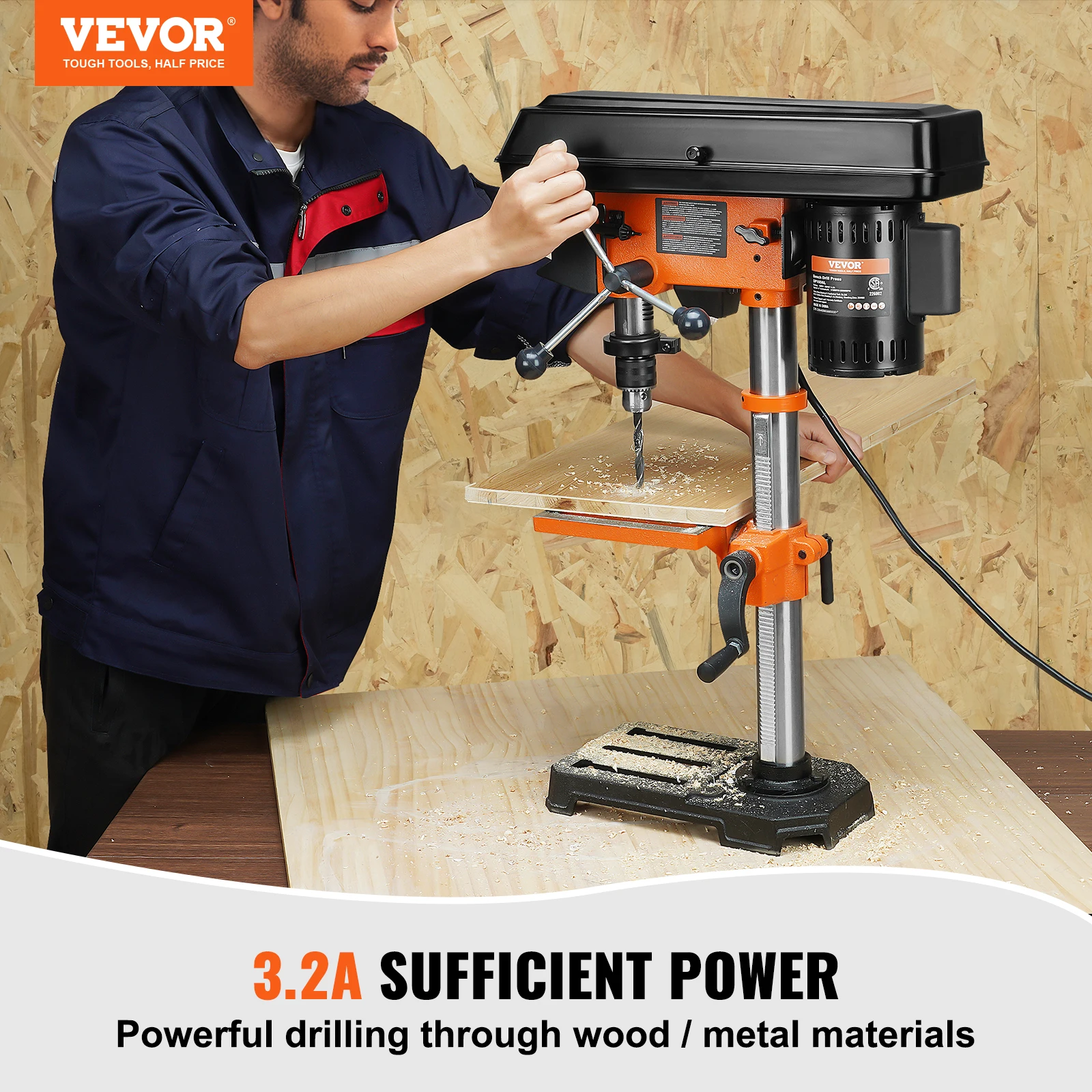 VEVOR Tabletop Drill Press 3.2 Amp 120V 5-Speed Settings 10'' Swing, Comes with Laser Pointer & Illumination Light for Wood Work