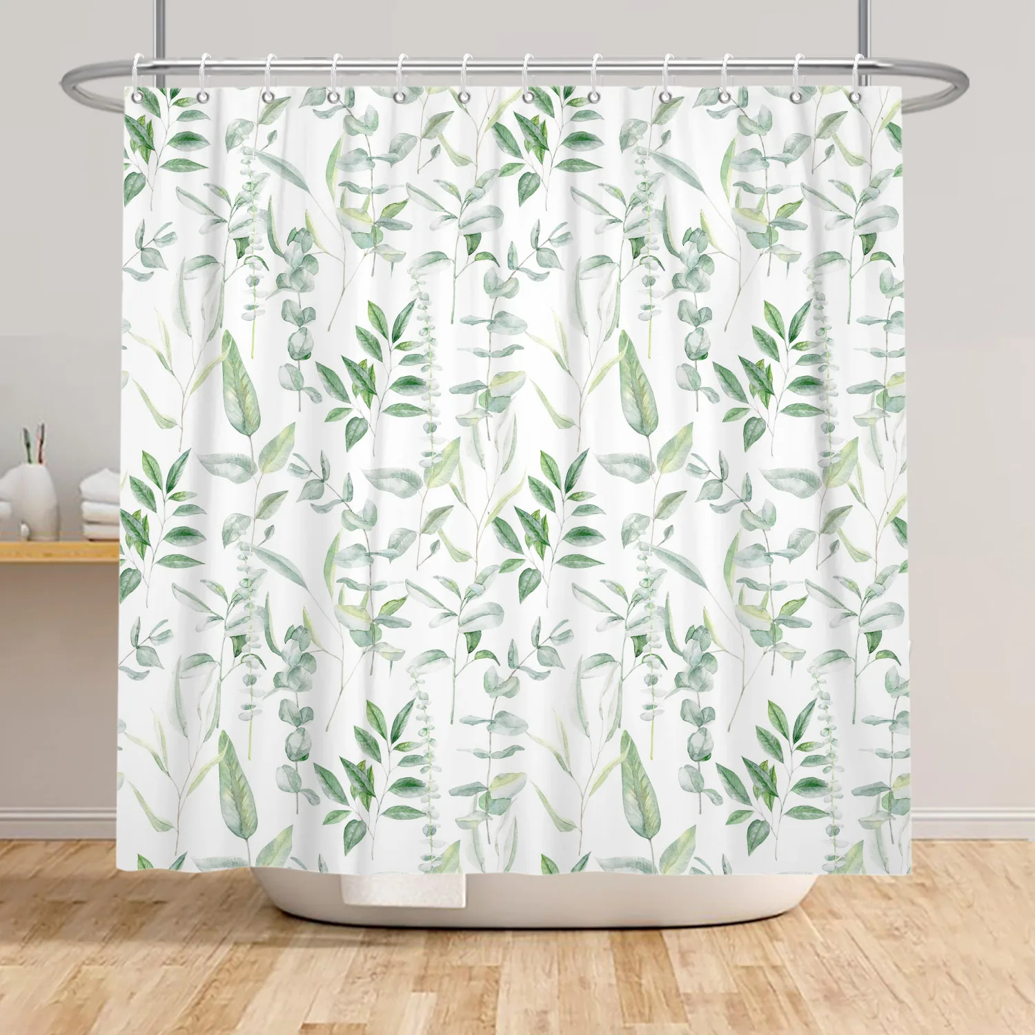 Watercolor Leaves Shower Curtain Nordic Style Flowers Green Plants Polyester Fabric Bathroon Decoration Curtains with 12 Hooks